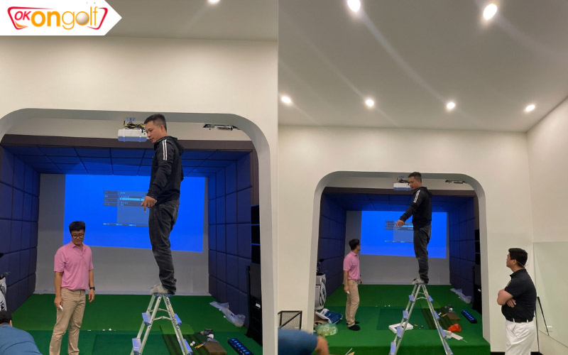 Đội ngũ ký sư lắp đặt máy chiếu cho phòng golf 3D ở quận Hoàn Kiếm